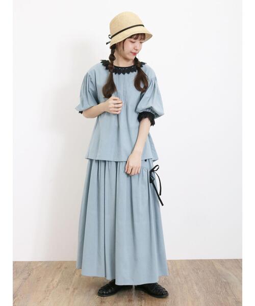 【新品】 Samansa Mos2 配色左脇リボンスカート ブルー　ロング 新品】 Samansa Mos2 配色左脇リボンスカート ブルー ロング