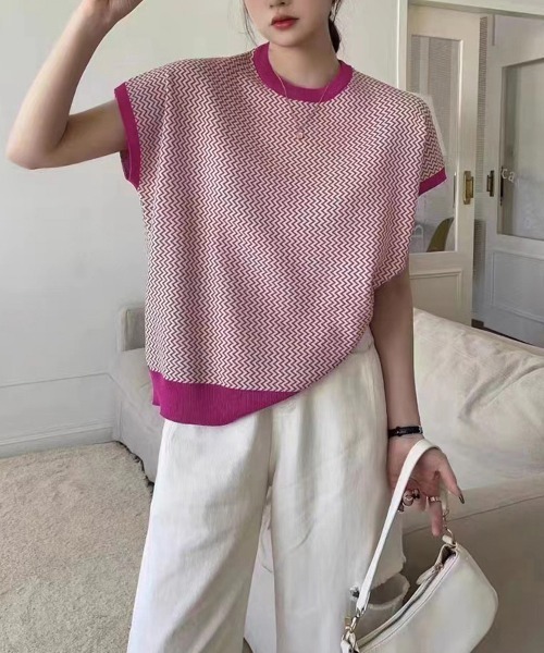 Miniministore（ミニミニストア）の「フレンチスリーブサマーニット レディース（ニット/セーター・レディース・ピンク系/ホワイト/ブルー/グレイッシュベージュ/ブラック/ダークベージュ・FREE）」の6枚目の写真