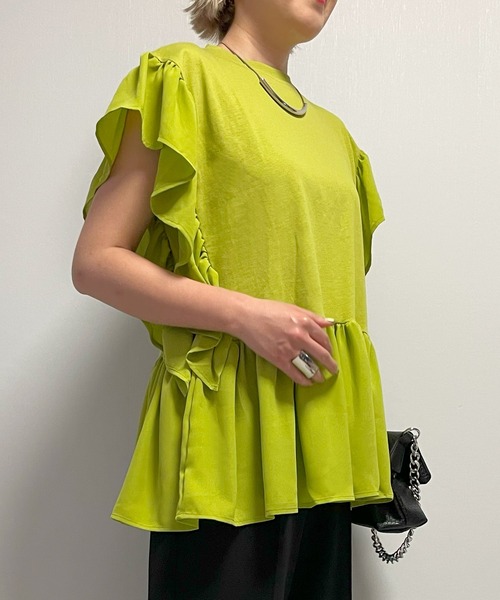 Fizz(フィズ)の「【Fizz/フィズ】 ギャザーフリルプルオーバー(Tシャツ/カットソー・レディース・ブラック/ホワイト/グリーン・M)」の3枚目の写真