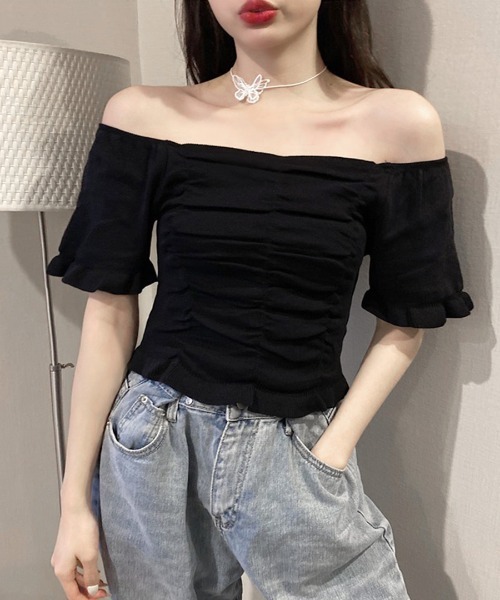 REMUR(レミュール)の「シャーリングトップス(Tシャツ/カットソー・レディース・マスタード/ベージュ/ピンク/ホワイト/ブラック・M)」の2枚目の写真
