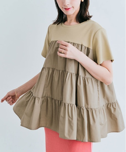 kirakiraShop(キラキラショップ)の「ティアード 異素材 カットソー Tシャツ(Tシャツ/カットソー・レディース・アイボリー/ブラック/ベージュ/ホワイト/ライトブルー・M/L)」の3枚目の写真