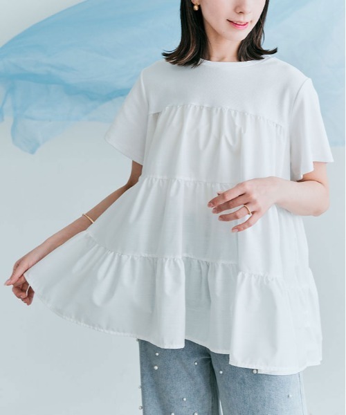 kirakiraShop(キラキラショップ)の「ティアード 異素材 カットソー Tシャツ(Tシャツ/カットソー・レディース・アイボリー/ブラック/ベージュ/ホワイト/ライトブルー・M/L)」の1枚目の写真