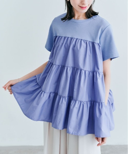 kirakiraShop(キラキラショップ)の「ティアード 異素材 カットソー Tシャツ(Tシャツ/カットソー・レディース・アイボリー/ブラック/ベージュ/ホワイト/ライトブルー・M/L)」の5枚目の写真