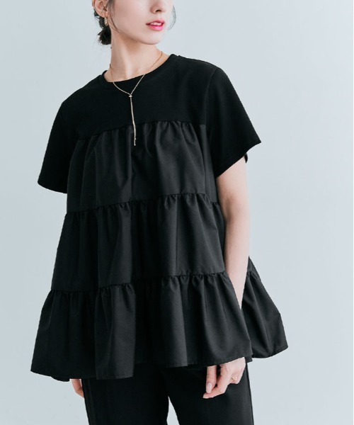 kirakiraShop(キラキラショップ)の「ティアード 異素材 カットソー Tシャツ(Tシャツ/カットソー・レディース・アイボリー/ブラック/ベージュ/ホワイト/ライトブルー・M/L)」の2枚目の写真