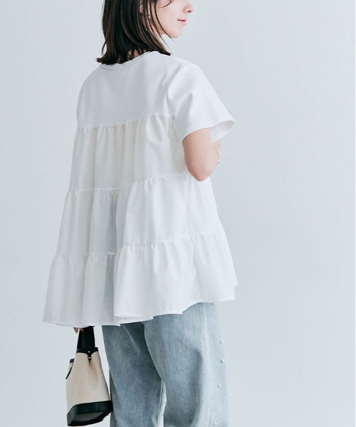 kirakiraShop(キラキラショップ)の「ティアード 異素材 カットソー Tシャツ(Tシャツ/カットソー・レディース・アイボリー/ブラック/ベージュ/ホワイト/ライトブルー・M/L)」の6枚目の写真