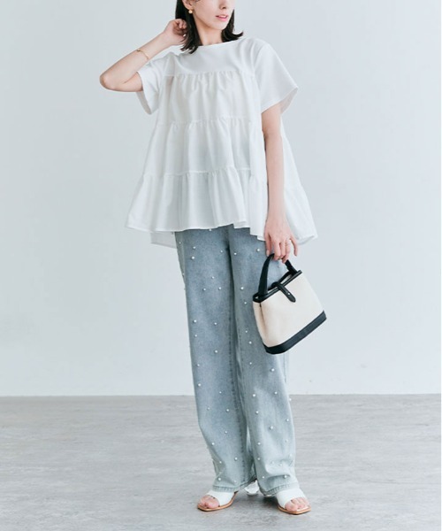 kirakiraShop(キラキラショップ)の「ティアード 異素材 カットソー Tシャツ(Tシャツ/カットソー・レディース・アイボリー/ブラック/ベージュ/ホワイト/ライトブルー・M/L)」の7枚目の写真