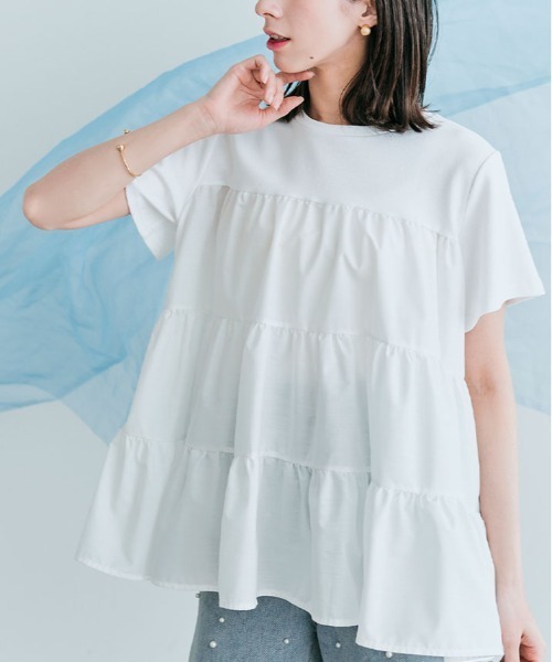 kirakiraShop(キラキラショップ)の「ティアード 異素材 カットソー Tシャツ(Tシャツ/カットソー・レディース・アイボリー/ブラック/ベージュ/ホワイト/ライトブルー・M/L)」の8枚目の写真