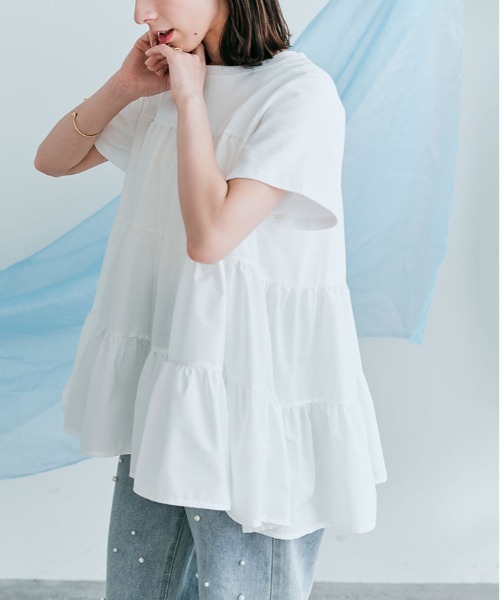 kirakiraShop(キラキラショップ)の「ティアード 異素材 カットソー Tシャツ(Tシャツ/カットソー・レディース・アイボリー/ブラック/ベージュ/ホワイト/ライトブルー・M/L)」の12枚目の写真