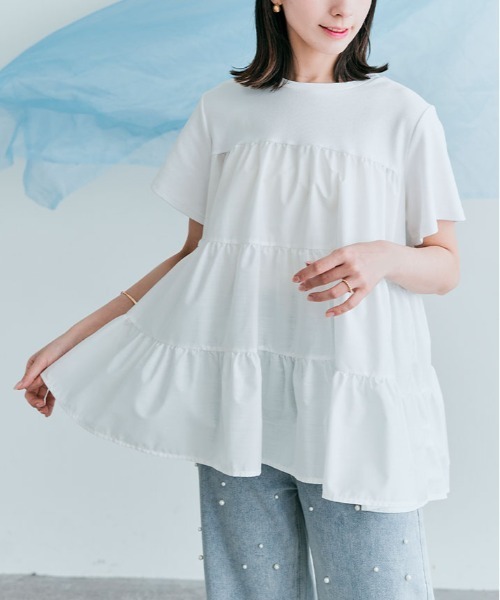 kirakiraShop(キラキラショップ)の「ティアード 異素材 カットソー Tシャツ(Tシャツ/カットソー・レディース・アイボリー/ブラック/ベージュ/ホワイト/ライトブルー・M/L)」の16枚目の写真