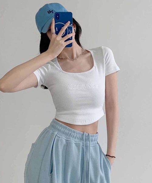 NANEA(ナネア)の「スクエアネック ロゴ刺繍ショート丈Tシャツ(Tシャツ/カットソー・レディース・ホワイト/グレー/ブルー/ブラック・SMALL/MEDIUM/LARGE/X-LARGE)」の12枚目の写真