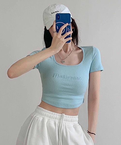 NANEA(ナネア)の「スクエアネック ロゴ刺繍ショート丈Tシャツ(Tシャツ/カットソー・レディース・ホワイト/グレー/ブルー/ブラック・SMALL/MEDIUM/LARGE/X-LARGE)」の16枚目の写真