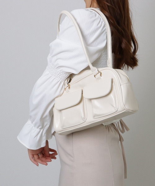 セール】ポケット付き レザー調 コンパクト ボストン トート