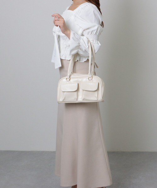 セール】ポケット付き レザー調 コンパクト ボストン トートバッグ