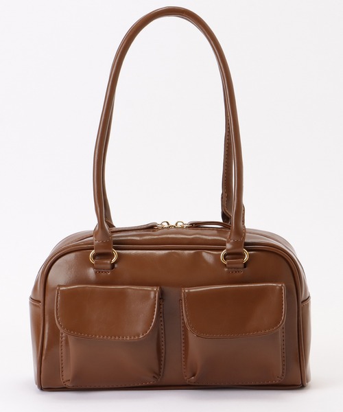 セール】ポケット付き レザー調 コンパクト ボストン トート