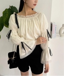 one after another NICE CLAUP | 袖リボンチュールブラウス/WEB限定アイテム(シャツ/ブラウス)