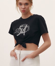 METROCITY（メトロシティ）の「【メトロシティ】フロントスリットクロップキュービックTシャツ 前結び 半袖 ビーズ（Tシャツ/カットソー）」