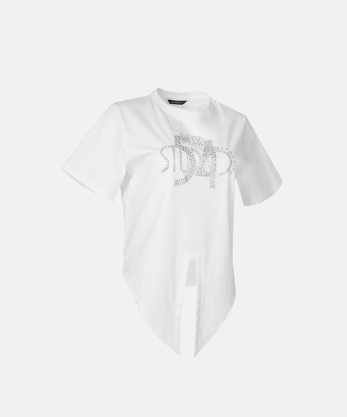 tシャツ 「メトロシティ」フロントスリットクロップキュービックTシャツ 前結び 半袖 ビーズ レディース セール】【メトロシティ】フロントスリットクロップキュービック