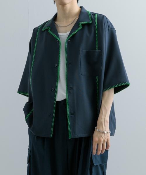 SENSE OF PLACE by URBAN RESEARCH(センスオブプレイスバイアーバンリサーチ)の「ブランケットステッチショートスリーブシャツ(シャツ/ブラウス・メンズ・ブラック/ベージュ/ネイビー・LARGE/MEDIUM)」の3枚目の写真