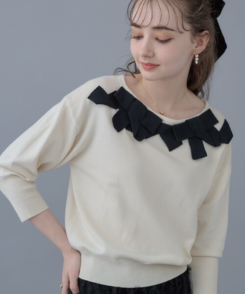 couture brooch（クチュールブローチ）の「◆【ほろ甘フェミニンニット】リボンネックニット（ニット/セーター・レディース・ブラック系3/アイボリー系3/ブラウン系その他5・38/42）」の3枚目の写真