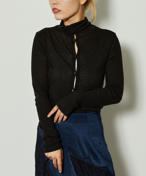 Firsthand（ファーストハンド）の「Firsthand/ファーストハンド ガーゼ天竺ハイネックカーディガン / 2WAY仕様（Tシャツ/カットソー・レディース・ブラック/ブルーグリーン/ホワイト/ピンク・ﾌﾘ-）」の2枚目の写真