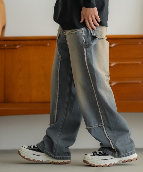 【CLEL】Denim/特殊加工ダブルニーデニムパンツ　アッシュグレー　L CLEL】特殊加工ダブルニーデニムパンツ アッシュグレー Sサイズ