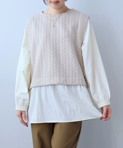 leswel(レスウェル)の「【L~5L 大きいサイズ】レイヤード風ケーブル切替チュニック(Tシャツ/カットソー・レディース・ブラック/クリーム・LL/3L/4L/5L/L)」の1枚目の写真