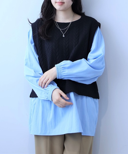 leswel(レスウェル)の「【L~5L 大きいサイズ】レイヤード風ケーブル切替チュニック(Tシャツ/カットソー・レディース・ブラック/クリーム・LL/3L/4L/5L/L)」の2枚目の写真