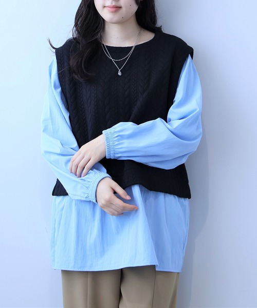 leswel(レスウェル)の「【L~5L 大きいサイズ】レイヤード風ケーブル切替チュニック(Tシャツ/カットソー・レディース・ブラック/クリーム・LL/3L/4L/5L/L)」の3枚目の写真