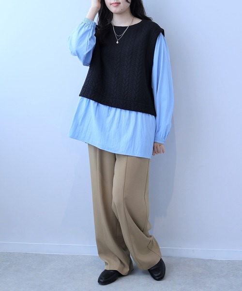 leswel(レスウェル)の「【L~5L 大きいサイズ】レイヤード風ケーブル切替チュニック(Tシャツ/カットソー・レディース・ブラック/クリーム・LL/3L/4L/5L/L)」の4枚目の写真