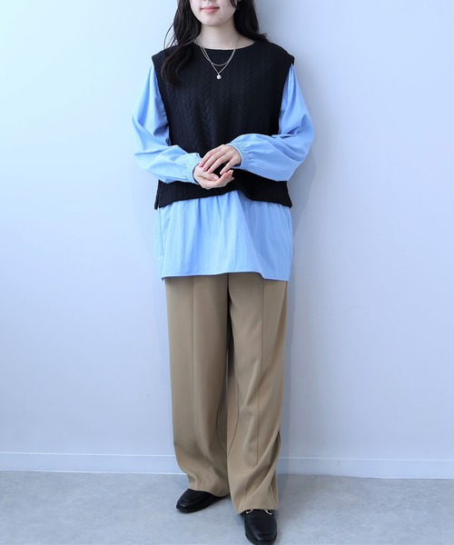 leswel(レスウェル)の「【L~5L 大きいサイズ】レイヤード風ケーブル切替チュニック(Tシャツ/カットソー・レディース・ブラック/クリーム・LL/3L/4L/5L/L)」の5枚目の写真