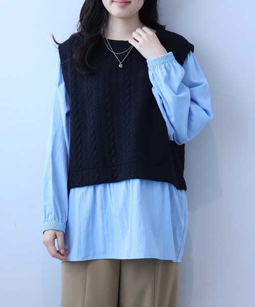 leswel(レスウェル)の「【L~5L 大きいサイズ】レイヤード風ケーブル切替チュニック(Tシャツ/カットソー・レディース・ブラック/クリーム・LL/3L/4L/5L/L)」の6枚目の写真