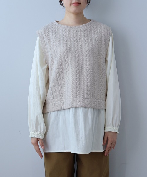 leswel(レスウェル)の「【L~5L 大きいサイズ】レイヤード風ケーブル切替チュニック(Tシャツ/カットソー・レディース・ブラック/クリーム・LL/3L/4L/5L/L)」の10枚目の写真