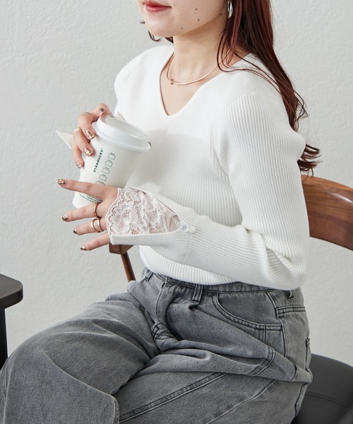 continuer de NICE CLAUP(コンティニューデナイスクラップ)の「袖レースリブニット(ニット/セーター・レディース・ピンク/ラベンダー/オフホワイト/チャコールグレー/ブラック・FREE)」の8枚目の写真