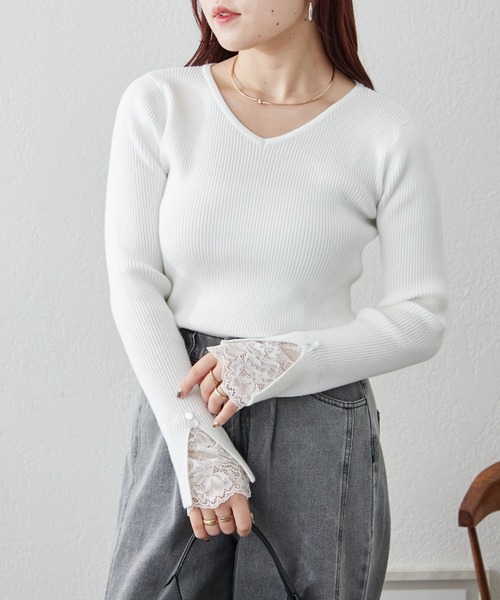 continuer de NICE CLAUP(コンティニューデナイスクラップ)の「袖レースリブニット(ニット/セーター・レディース・ピンク/ラベンダー/オフホワイト/チャコールグレー/ブラック・FREE)」の11枚目の写真