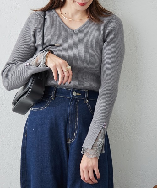 continuer de NICE CLAUP(コンティニューデナイスクラップ)の「袖レースリブニット(ニット/セーター・レディース・ピンク/ラベンダー/オフホワイト/チャコールグレー/ブラック・FREE)」の21枚目の写真