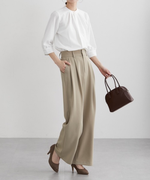 nissen（ニッセン）の「フロントタック入ワイドパンツ（スラックス・レディース・グリーン/ブラウン/ブラック/グレイッシュベージュ/チャコールグレー・S/M/L/LL）」の9枚目の写真