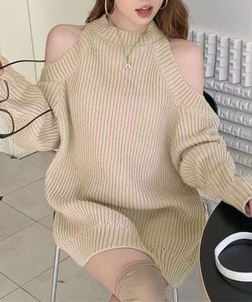 gossip!ロサンゼルス(ゴシップロサンゼルス)の「オフショルダーレース編み セーター(ニット/セーター・レディース・ブラック/ライトグリーン/ベージュ・FREE)」の15枚目の写真