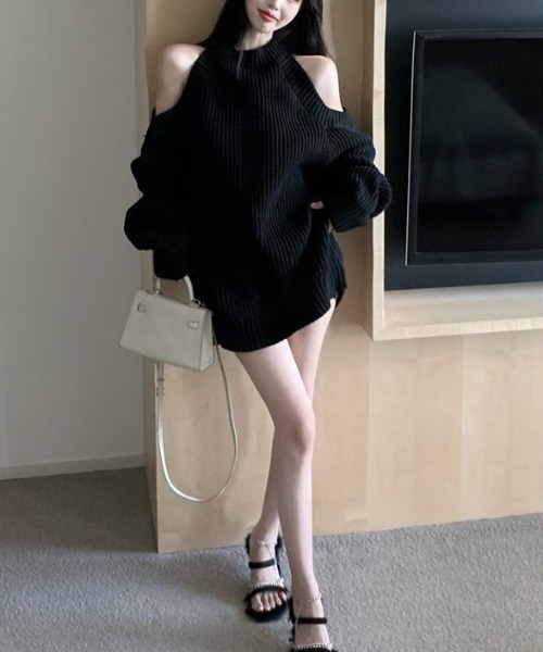 gossip!ロサンゼルス(ゴシップロサンゼルス)の「オフショルダーレース編み セーター(ニット/セーター・レディース・ブラック/ライトグリーン/ベージュ・FREE)」の21枚目の写真
