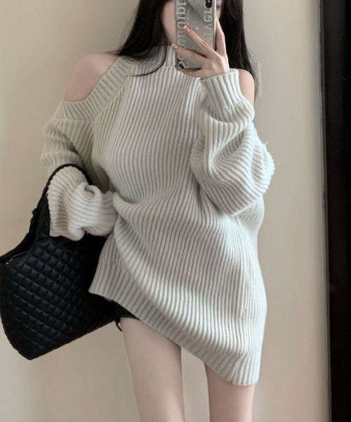 gossip!ロサンゼルス(ゴシップロサンゼルス)の「オフショルダーレース編み セーター(ニット/セーター・レディース・ブラック/ライトグリーン/ベージュ・FREE)」の8枚目の写真