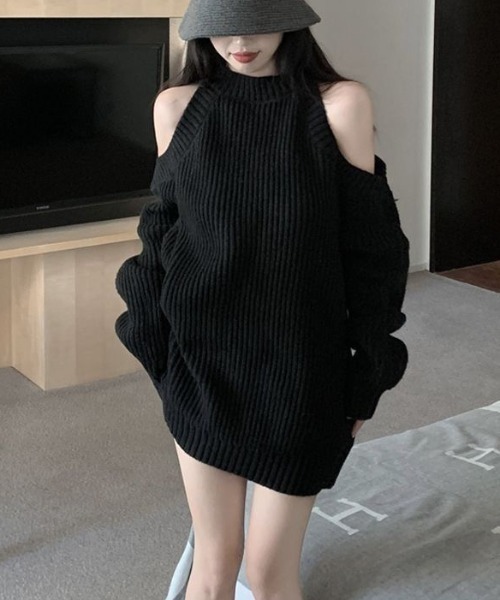 gossip!ロサンゼルス(ゴシップロサンゼルス)の「オフショルダーレース編み セーター(ニット/セーター・レディース・ブラック/ライトグリーン/ベージュ・FREE)」の12枚目の写真