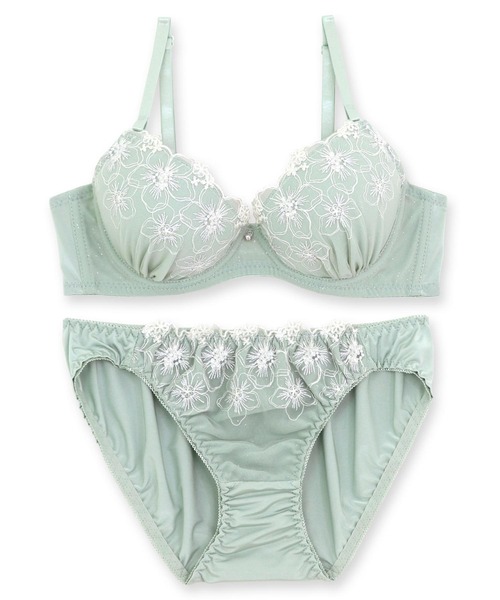Yue E75 ブラジャー　М　ショーツセット 水色刺繍 fran de lingerie（フランデランジェリー）の「刺繍が可愛いブラ