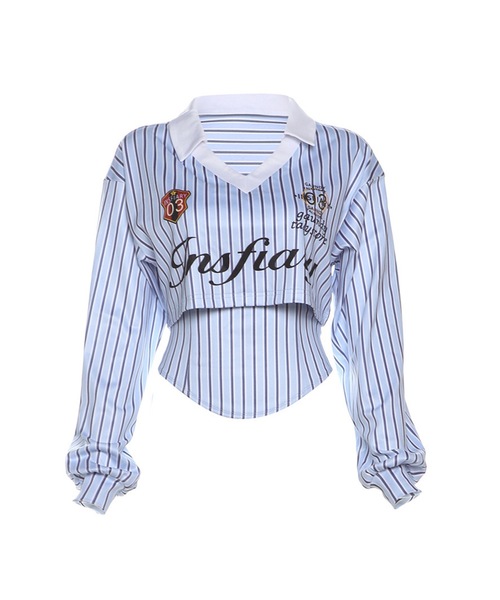 ALLuRing ChaRm（アリュリングチャーム）の「Striped Short Polo / ストライプショート丈ポロ（シャツ/ブラウス・レディース・ブルー・S/M）」の12枚目の写真