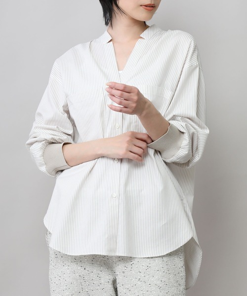 Munich（ミューニック）の「コットンリヨセルオックスリブカフシャツ（シャツ/ブラウス・レディース・ホワイト/ブラック/サックスブルー/ネイビー×ホワイト/ベージュ系その他/ブラック×ホワイト/ライトベージュ・FREE）」の4枚目の写真