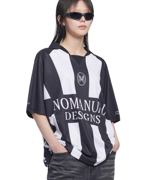 NOMANUAL(NOMANUAL)の「A'GEM/9 × .kom 『NOMANUAL/ノーマニュアル』 STRIPE FOOTBALL SHIRT/ストライプ フットボールシャツ(ポロシャツ・レディース・ホワイト/グレー/ブルー・M/L)」の2枚目の写真