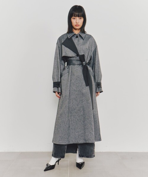 UNITED TOKYO(ユナイテッドトウキョウ)の「【完売間近!】Wマテリアルロングコート|ストレッチ/春服/秋服(トレンチコート・レディース・ブラック/ベージュ/マルチ・1/2)」の9枚目の写真