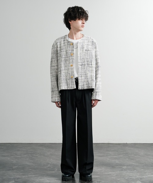 極美品 ダイアグラム ツイード ノーカラージャケット チェック 金ボタン ウール セール】新色追加 ツイード/チェックラメツイードゴールドボタン