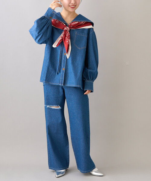 CIAOPANIC TYPY（チャオパニックティピー）の「【willow】ポイント裾刺繍デニム（その他パンツ・レディース・オフホワイト/ブルー・SMALL/MEDIUM）」の16枚目の写真