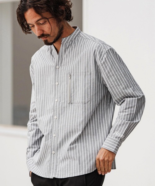 felkod(フィルコッド)の「ms6009- Zip Pocket Stripe Band collar Shirts バンドカラーシャツ(シャツ/ブラウス・メンズ・ブルー系その他/ブラック系その他・L/M/S)」の2枚目の写真