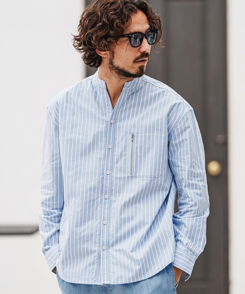 felkod(フィルコッド)の「ms6009- Zip Pocket Stripe Band collar Shirts バンドカラーシャツ(シャツ/ブラウス・メンズ・ブルー系その他/ブラック系その他・L/M/S)」の1枚目の写真