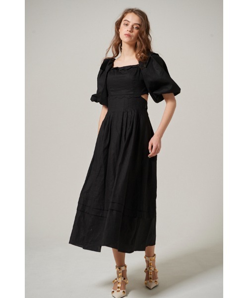 Estella.K（エステラケー）の「Sweetheart Linen Long Dress スカラップカットアウトドレス（ワンピース・レディース・ブラック/イエロー・FREE）」の6枚目の写真